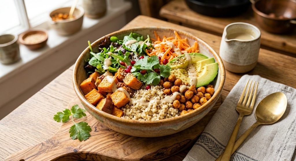 🌟 Le Secret Bien-Être : Comment Préparer le “Buddha Bowl” aux Patates Douces et Pois Chiches ! 🥗✨